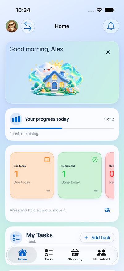 HomeShine Home screen. Fictional household sample data.