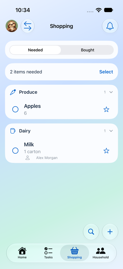 Shopping screen with fictional household sample items.