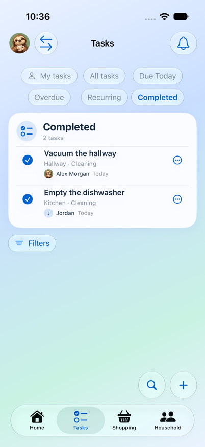 Tasks Completed screen. Fictional household sample data.