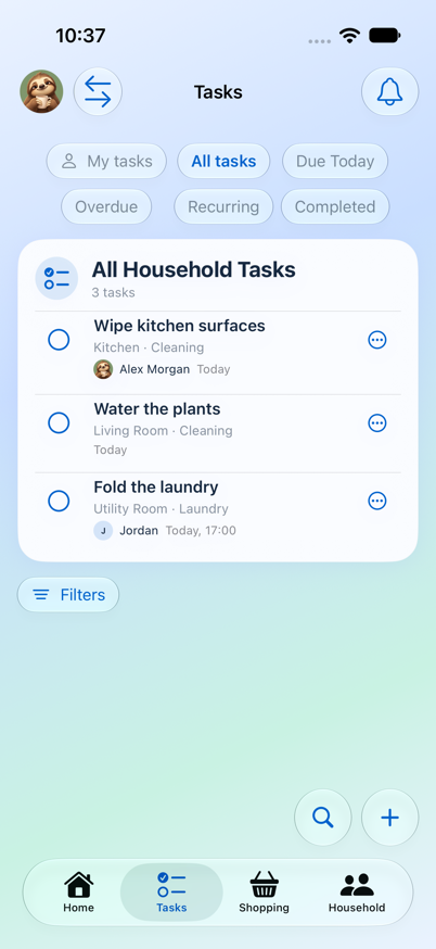 Tasks screen with household chores. Fictional household sample data.